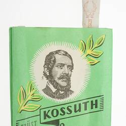 Green package with Kossuth brand logo and cigarette.