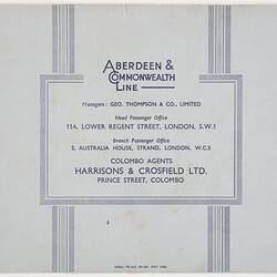 Back cover of pale grey booklet. Blue printing.