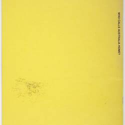 Yellow back cover of booklet.