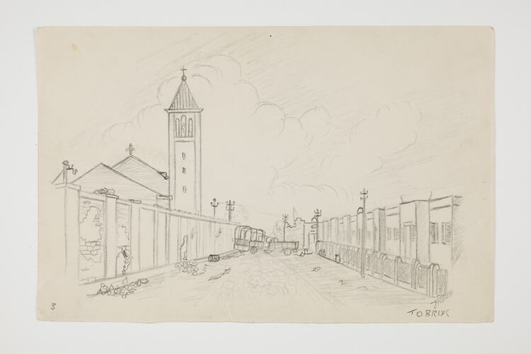 Drawing of a damaged street on off-white paper.