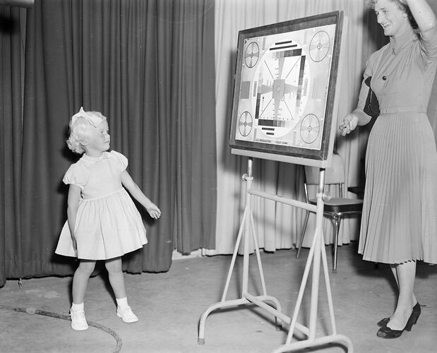 Child at the ABV2 Television Studios, Elsternwick, Victoria, 1958