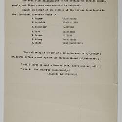 Minutes of Meeting - Workers at Sunshine Harvester Works, Ballarat, 1 Nov 1905