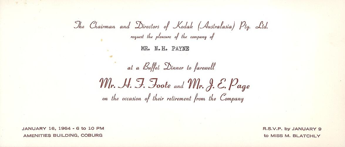 Invitation - Kodak Australasia Pty Ltd, Retirement Dinner for Mr H.J. Foote and Mr J.E Payne, Kodak Factory, Coburg, 1964