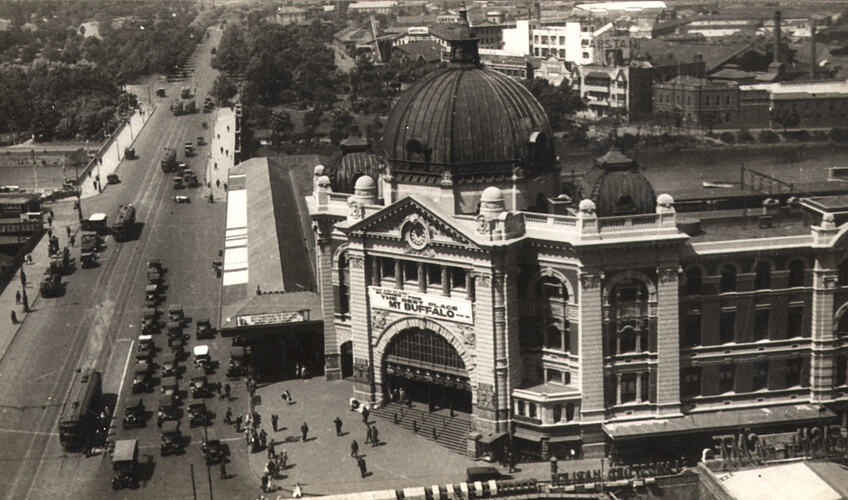 [Flinders Street Railway Station, corner of Flinders and Swanston Streets, Melbourne, about 1931.]