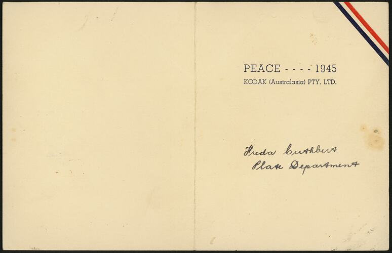 Card, Kodak Australasia Pty Ltd, Peace 1945, Issued to Freda Cuthbert, Abbotsford, Victoria, 6 Sep 1945