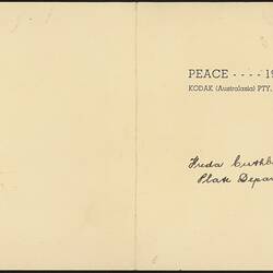 Card, Kodak Australasia Pty Ltd, Peace 1945, Issued to Freda Cuthbert, Abbotsford, Victoria, 6 Sep 1945