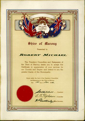 Certificate with British and Australia flag at top-centre, printed text below.