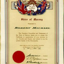 Certificate of Appreciation - Shire of Marong, Awarded to Robert Michael, World War II, 1 Jan 1946