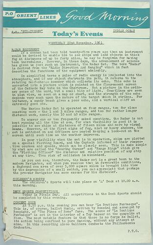 Information Sheet - P&O SS Stratheden, 'Today's Events', Indian Ocean, 22 Nov 1961
