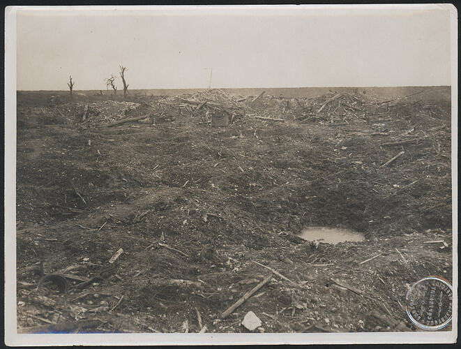Devastated battlefield with shell holes and barren trees.