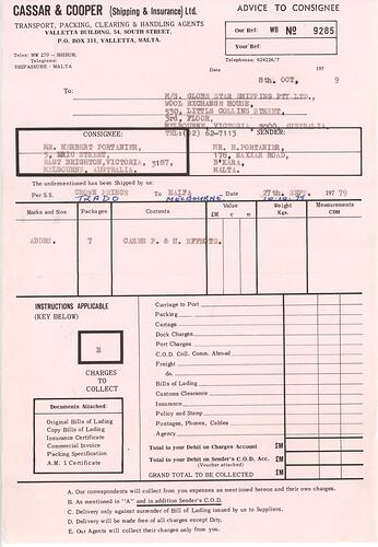 Shipping Receipt - Cassar & Cooper Ltd, Issued to Herbert Portanier ...