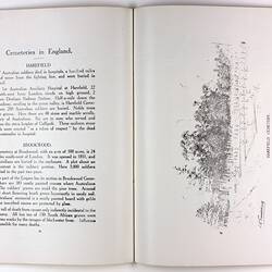 Open book page with printed text on right page and illustration of graveyard on left page.