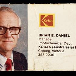 Business Card - Kodak Australasia Pty Ltd, Brian Daniel, Manager, Photochemical Department, Coburg, circa 1976 to 1984
