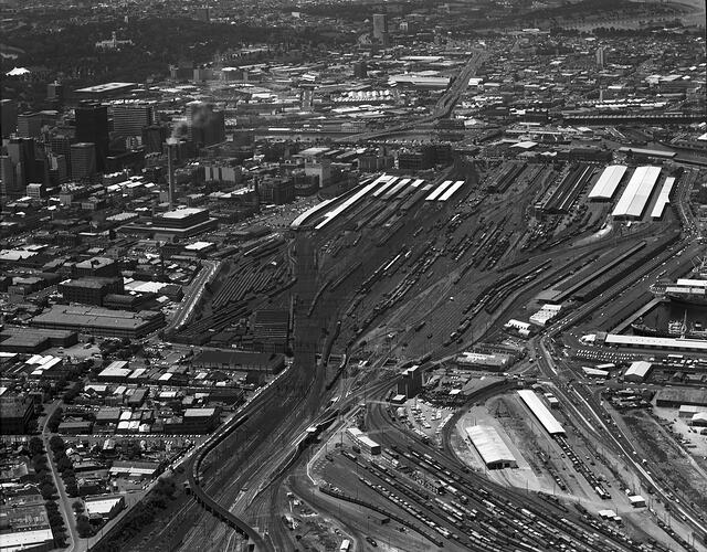 Monochrome aerial photograph of Melbourne.