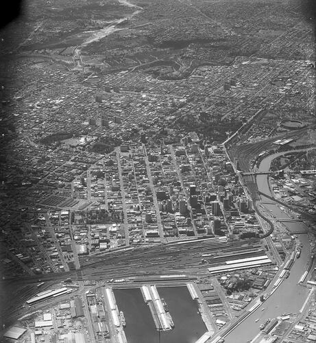 Monochrome aerial photograph of Melbourne.