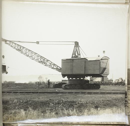 Monochrome photograph of a dragline excavator.