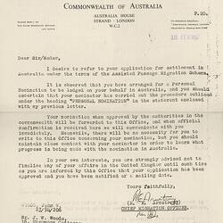 Letter - British Assisted Passage Scheme, John & Barbara Woods, Australia House, London, 12 Feb 1957