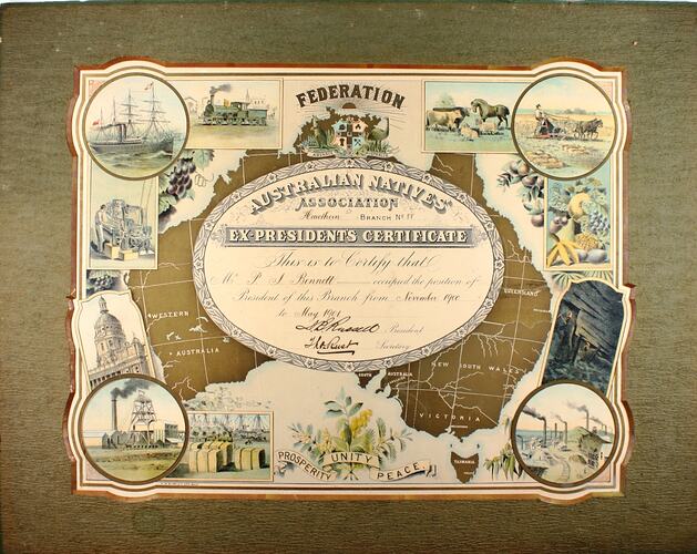 Certificate - Australian Natives' Association (ANA) Ex-President, PJ Bennett, Hawthorn, 1901