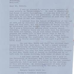Letter - George Browne, to Dorothy Howard, Receipt of Publications & Discussion of Retirement, 2 May 1958