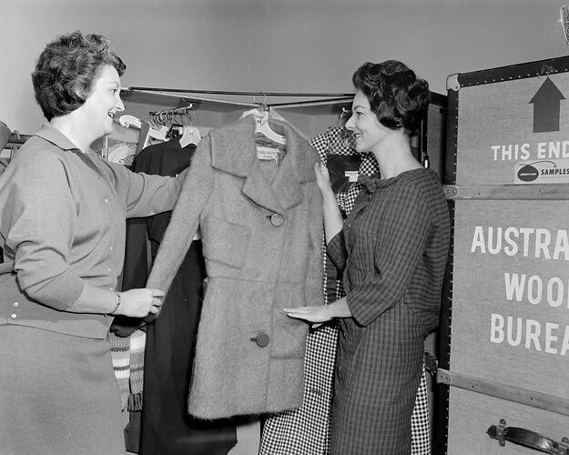 Australian Wool Board, Pair Looking at a Coat, Victoria, 07 Mar 1960