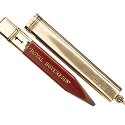Rectangular lead pencil with gold capping at end. Has fitted gold case it slides into. Pencil has gold lettering.