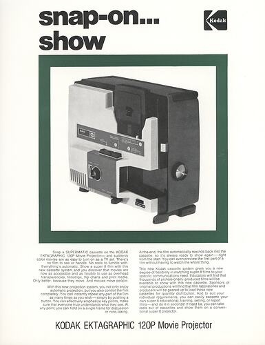 Printed text and photograph of movie projector.