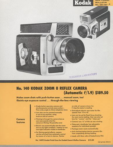 Printed text and two photographs of cameras.