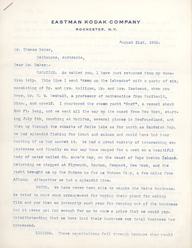 Letter - George Eastman to Thomas Baker, 31 Aug 1910