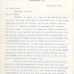 Letter - George Eastman to Thomas Baker, 31 Aug 1910
