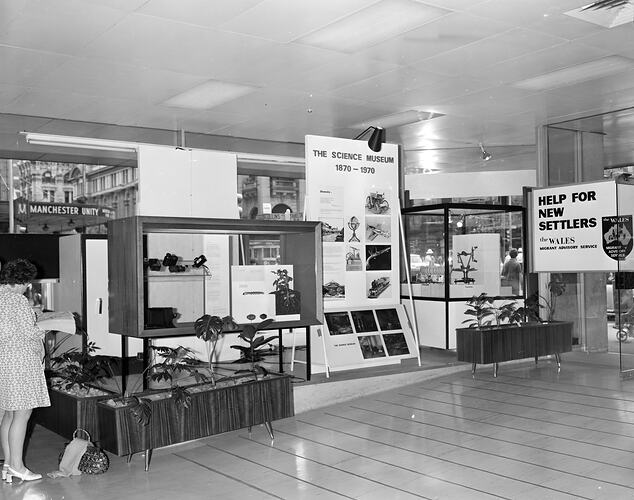Bank of New South Wales display near entrance to Swanston Street building, Science Museum, Melbourne, 1970