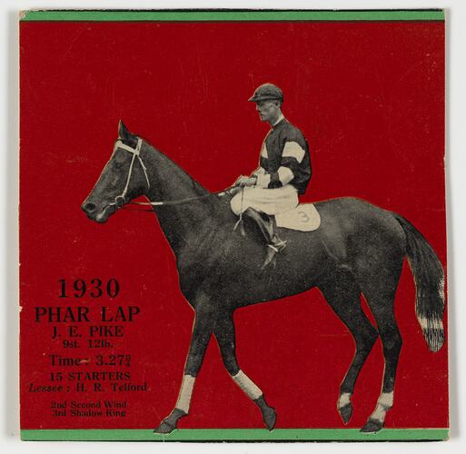 Jockey on horse with red background. Text lower left corner.