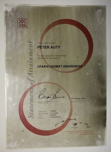 Certificate - CFA, 'Hazmat Awareness', Peter Auty, Flowerdale, 16 Feb 2005
