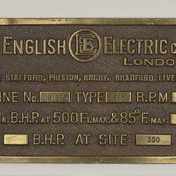 Locomotive Builders Plate - The English Electric Co. Ltd, London, England,