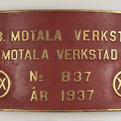 Locomotive Builders Plate - A.B. Motala Verkstad, Motala, Sweden, 1937