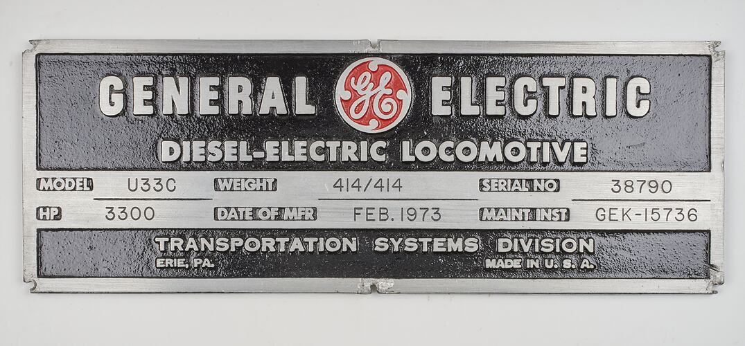 Locomotive Builders Plate - General Electric Corp, Erie, Pennsylvania, USA, 1973
