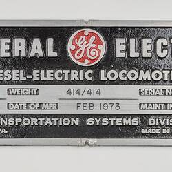 Locomotive Builders Plate - General Electric Corp, Erie, Pennsylvania, USA, 1973