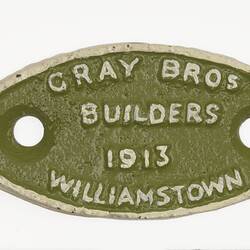 Rollingstock Builders Plate - Gray Bros., Williamstown, 1913