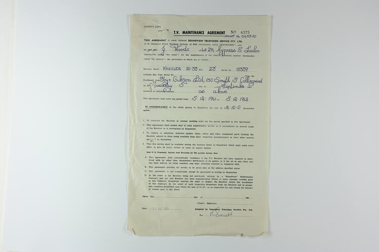 Contract - TV Maintenance Agreement, Soundview Television Service, John Woods, Lalor, 12 Sep 1961