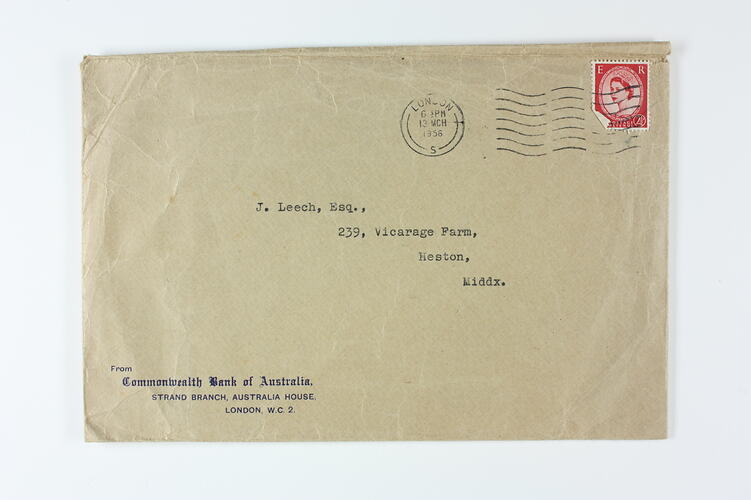 Envelope - Commonwealth Bank of Australia, Australia House, London to James Leech, Middlesex, 13 Mar 1956