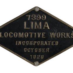 Locomotive Builders Plate - Lima Locomotive Works, Lima, USA, 1929