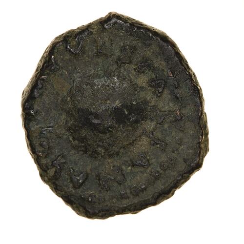 Round coin, aged, winged wand in centre with writing around the edge.
