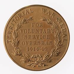 Medal - Territorial Force War Medal 1914-1919, Specimen, Great Britain, 1919 - Reverse