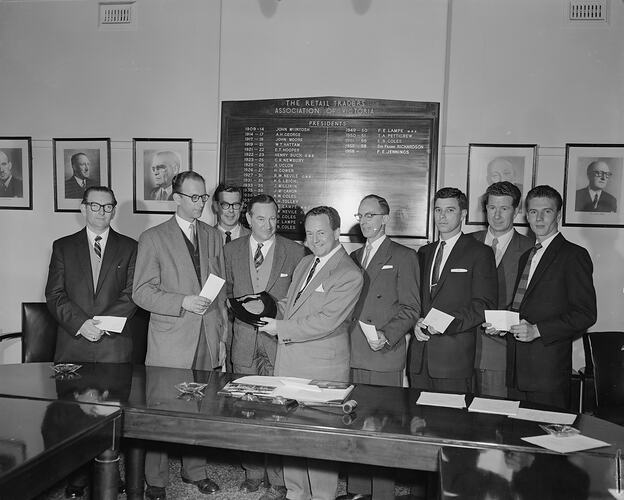 Retail Traders Association of Victoria, Group Portrait with Shield, Melbourne, Oct 1958