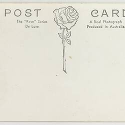 White back of a 'Rose Series' postcard. Rose logo printed in grey.