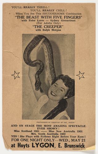 Flyer with image of women smiling as she holds a snake above her head.