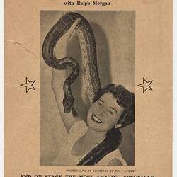 Flyer with image of women smiling as she holds a snake above her head.