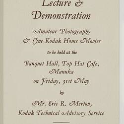 Invitation - Kodak Australasia Pty Ltd, 'A Photographic Lecture & Demonstration', by Eric R. Merton, 1950s - 1960s, Reverse