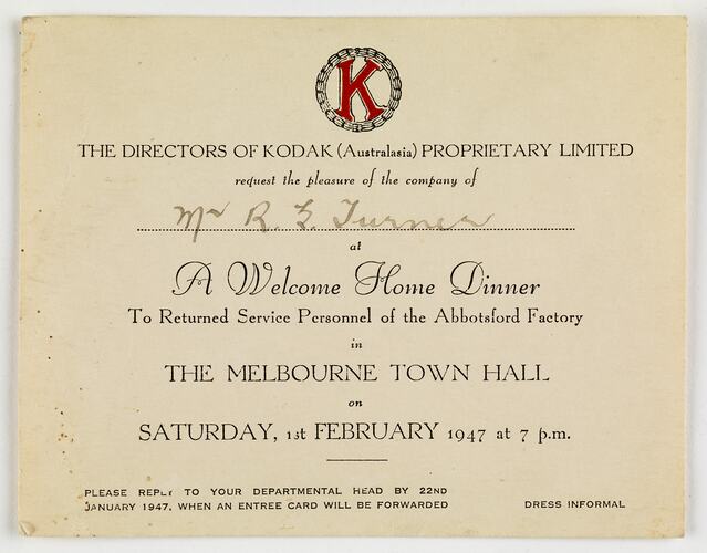 Invitation - Kodak Australasia Pty Ltd, 'Welcome Home Dinner to Returned Service Personnel of Abbotsford Factory', 01 Feb 1947
