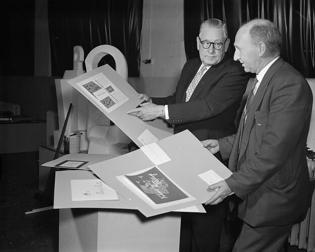 General Television Corporation Pty Ltd, Three Men with Prestige Fabric Designs, Melbourne, Victoria, Aug 1958