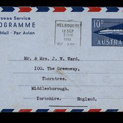 Aerogramme, front, black typewritten address. Aeroplane stamp.